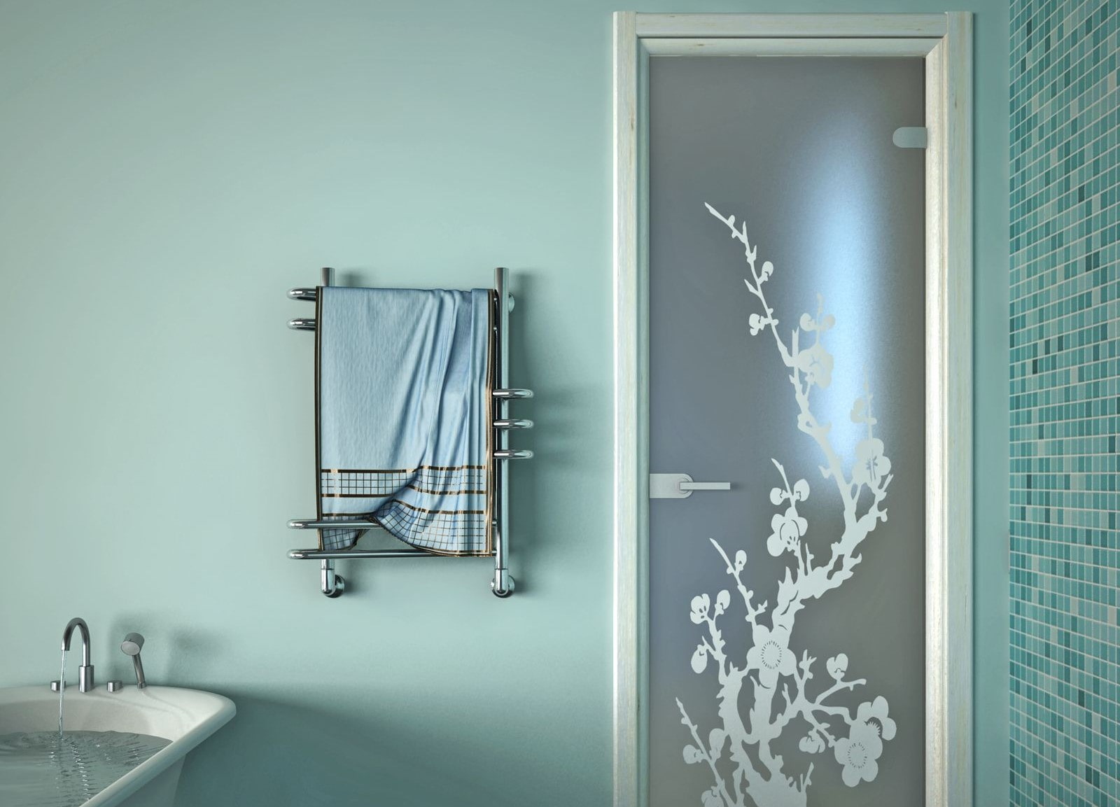 Interior Glass Doors: Best Design Ideas and Application. Frosted glass and the heating towel rail at the background of turquoise wall