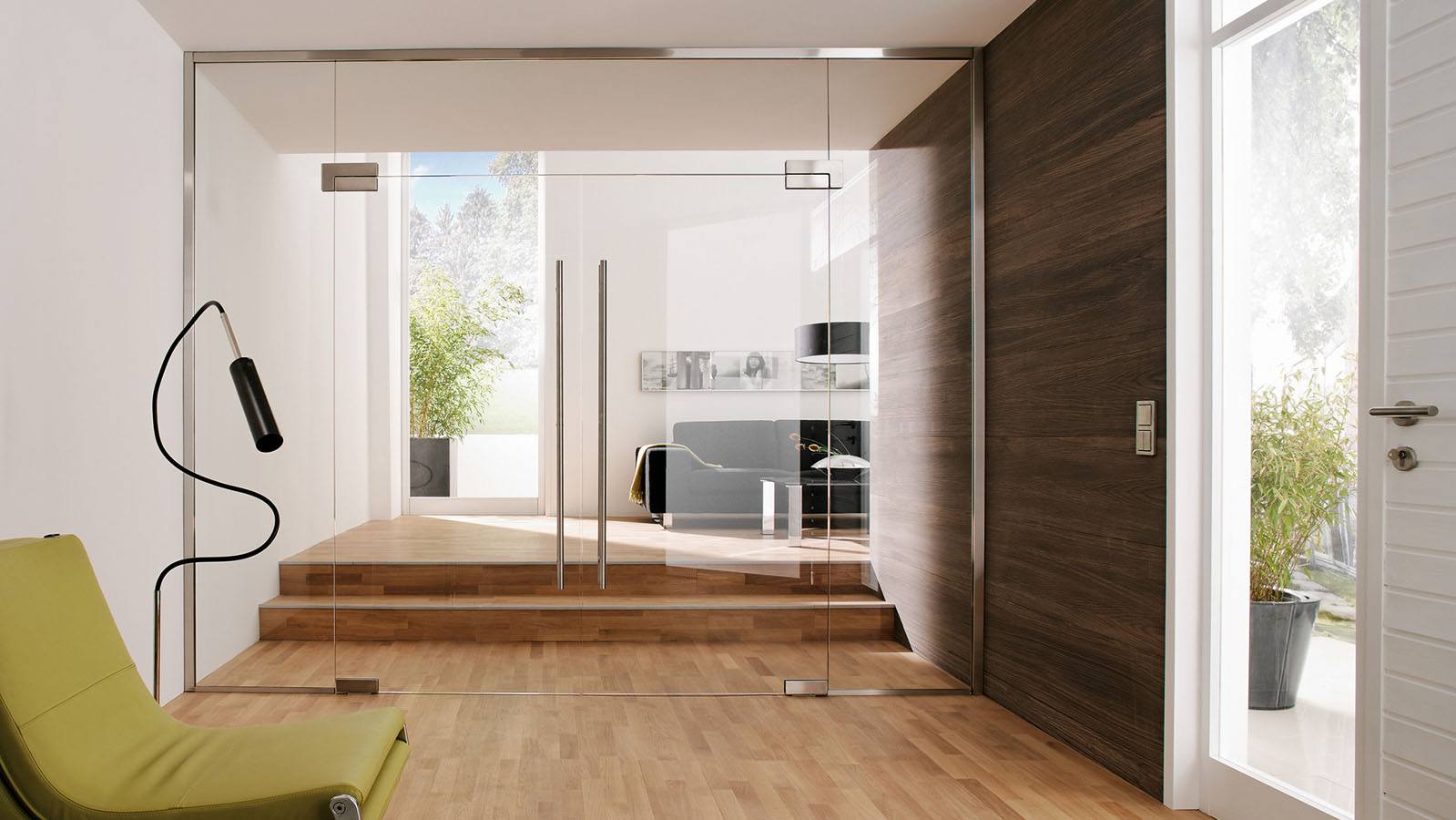 Interior Glass Doors: Best Design Ideas and Application. Laminated floor and planked wall