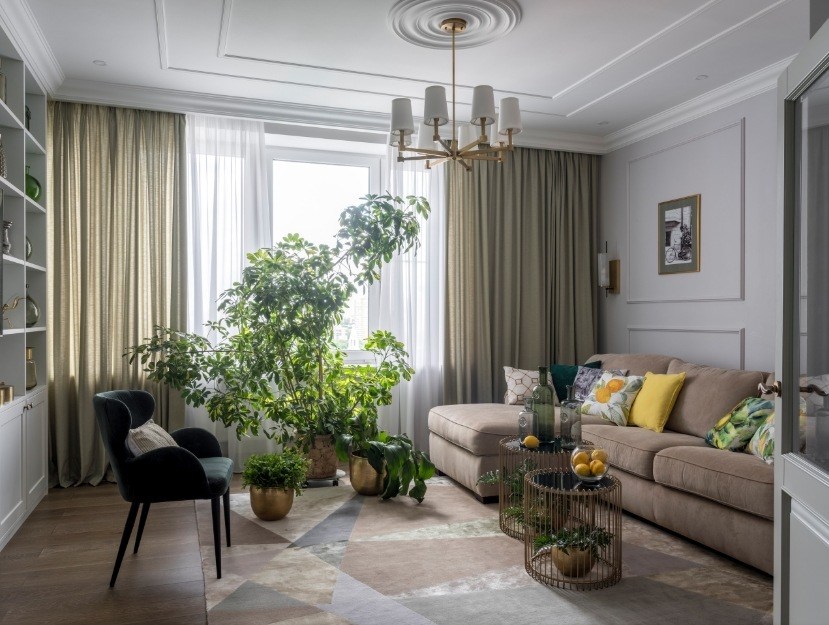 Best Modern Living Room Design Trends 2020. Classic setting with thick curtains and white walls