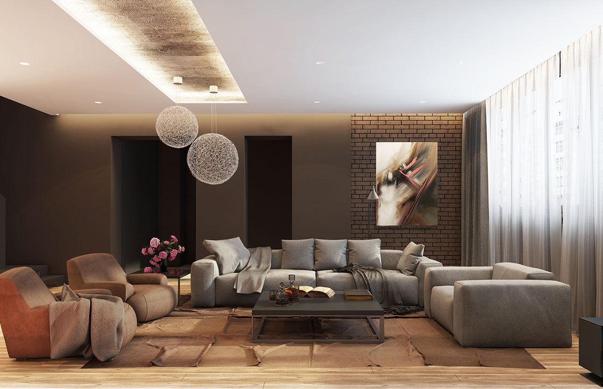 Stunning idea of the modern living room design with starburst chandeliers and overall brown scheme