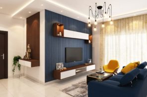 A Complete Guide On Importance Of House Decoration. Great blue accent wall with flatscreen tv and black steampunk chandelier