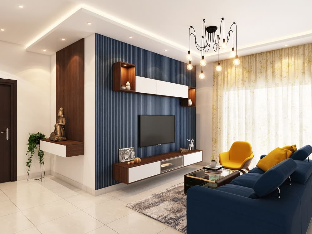 A Complete Guide On Importance Of House Decoration. Great blue accent wall with flatscreen tv and black steampunk chandelier