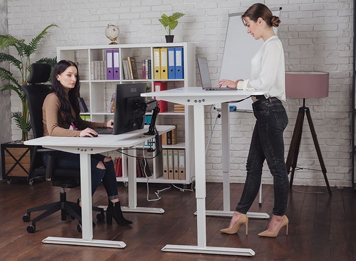 Two sit stand desks in the classroom