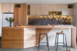 10 Amazing Ways to Give Your Kitchen a New Look. Wooden sheathed island and geometry tiles on the splashback