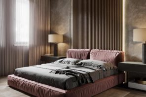Marvelous bedroom design with crimson platform bed and slatted accent wall