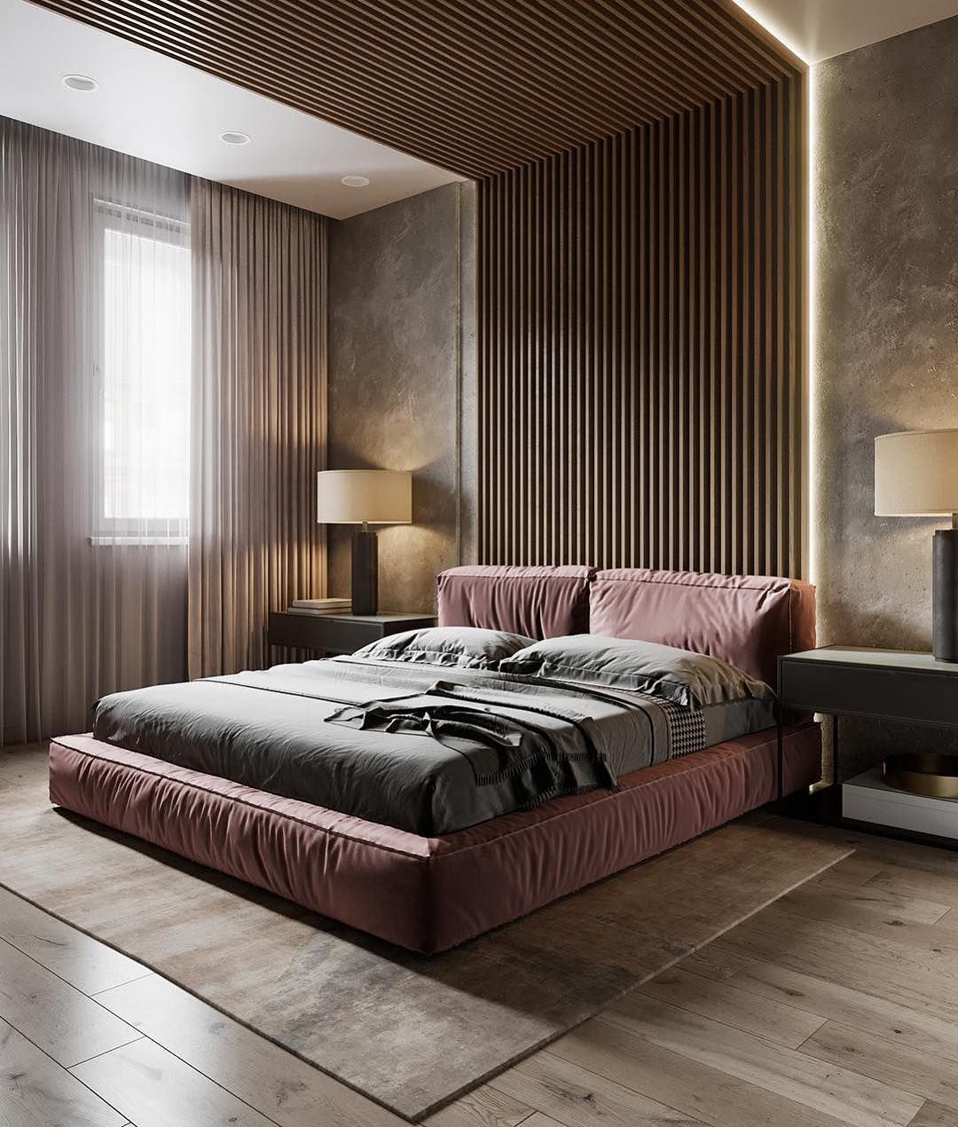 Marvelous bedroom design with crimson platform bed and slatted accent wall