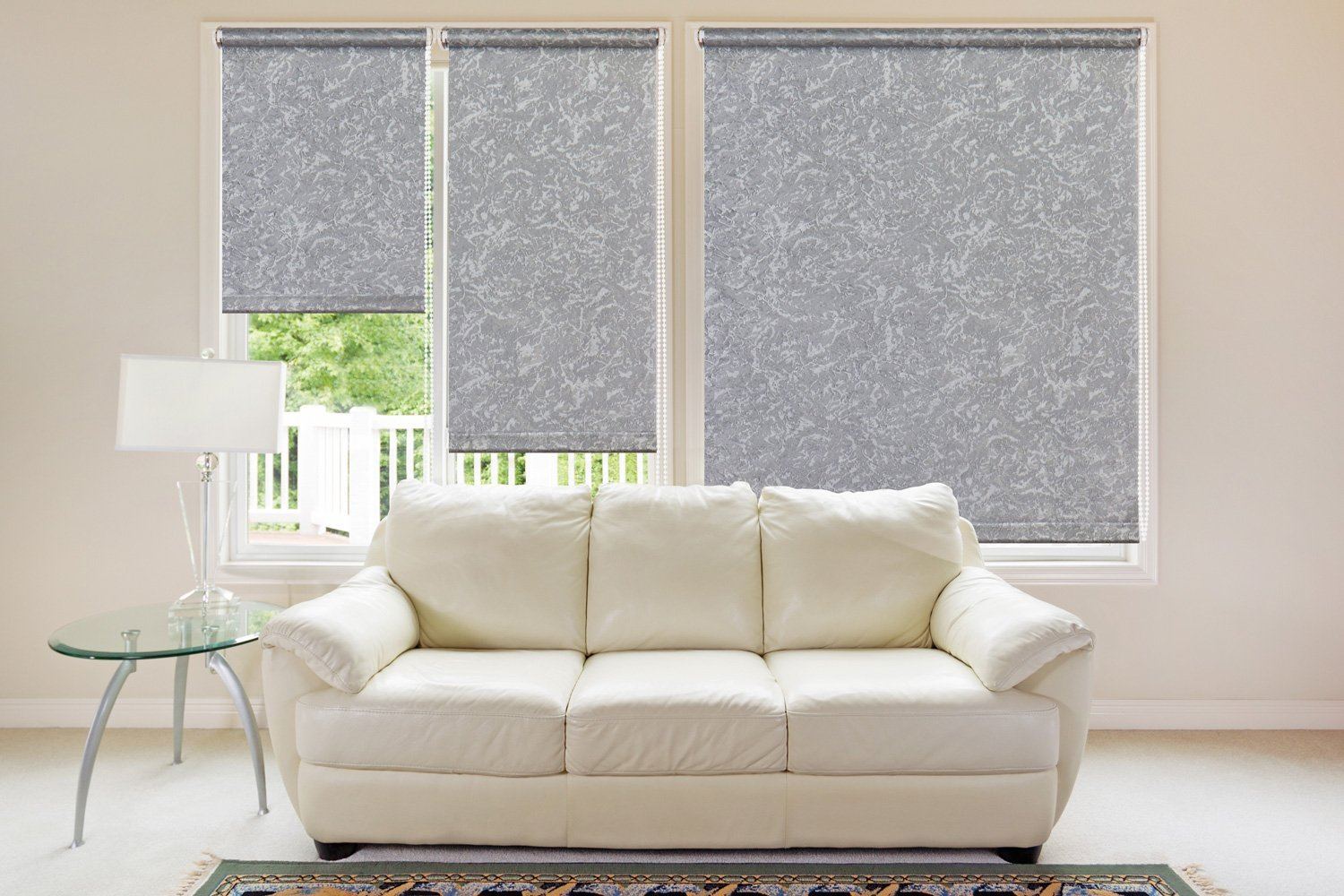 Roller Blinds: Practical and Good Looking Window Treatment. Nice gray textured curtains in modern living interior