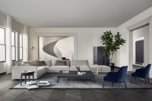 Contemporary Sofas to Modernize Your Living Room Decoration. Dark gray floor and slightly lighter gray rug to delimiter chatting zone in the living room