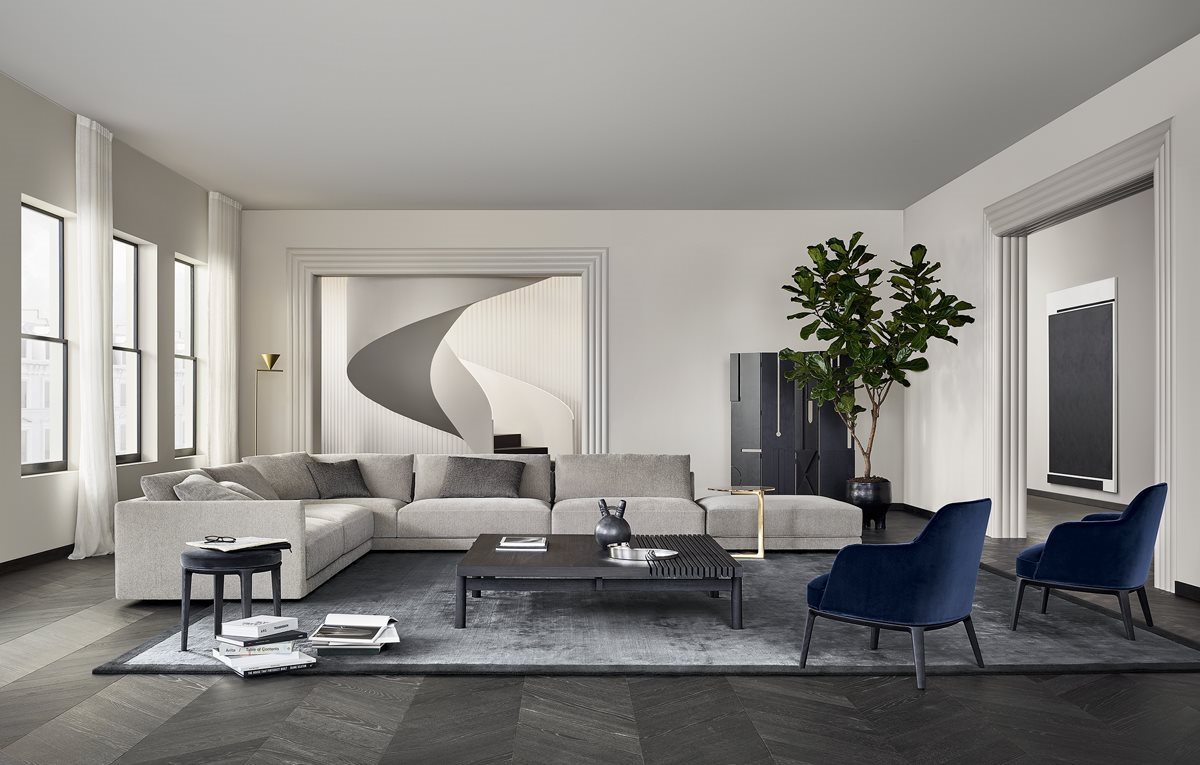 Contemporary Sofas to Modernize Your Living Room Decoration. Dark gray floor and slightly lighter gray rug to delimiter chatting zone in the living room