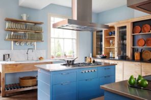 10 Kitchen Interior Design Tips. Fresh blue island siding and huge steel extractor hood