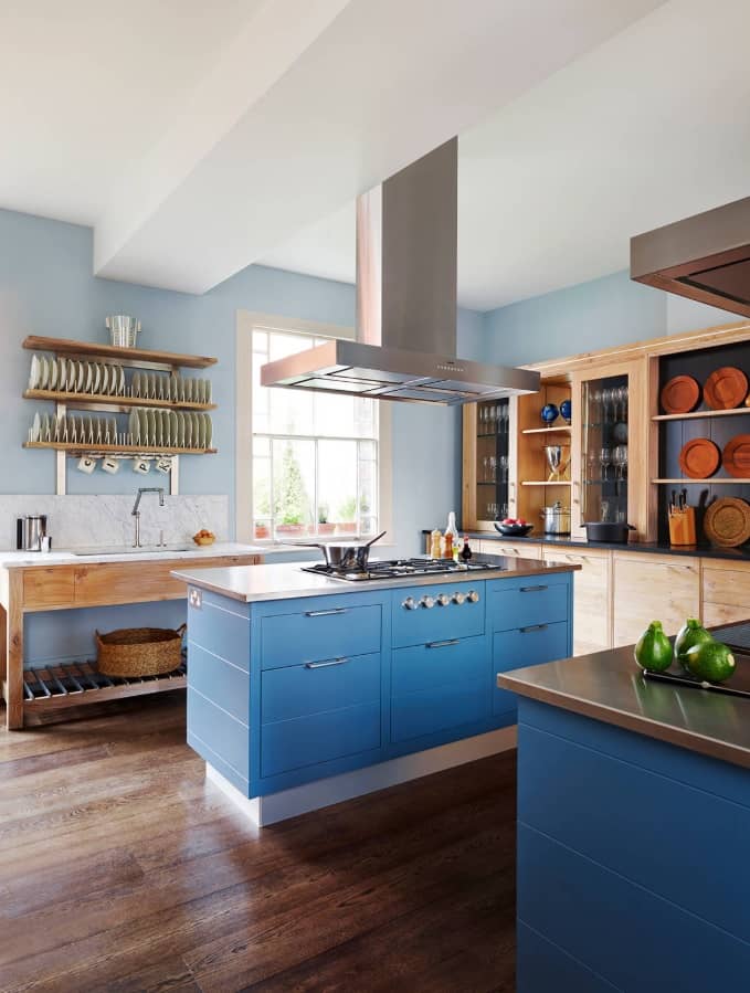 10 Kitchen Interior Design Tips. Fresh blue island siding and huge steel extractor hood