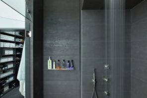 A Few Quick Tips to Help You Find the Best Handheld Shower Head. Asphalt gray modern bathroom interior with couple of open zones