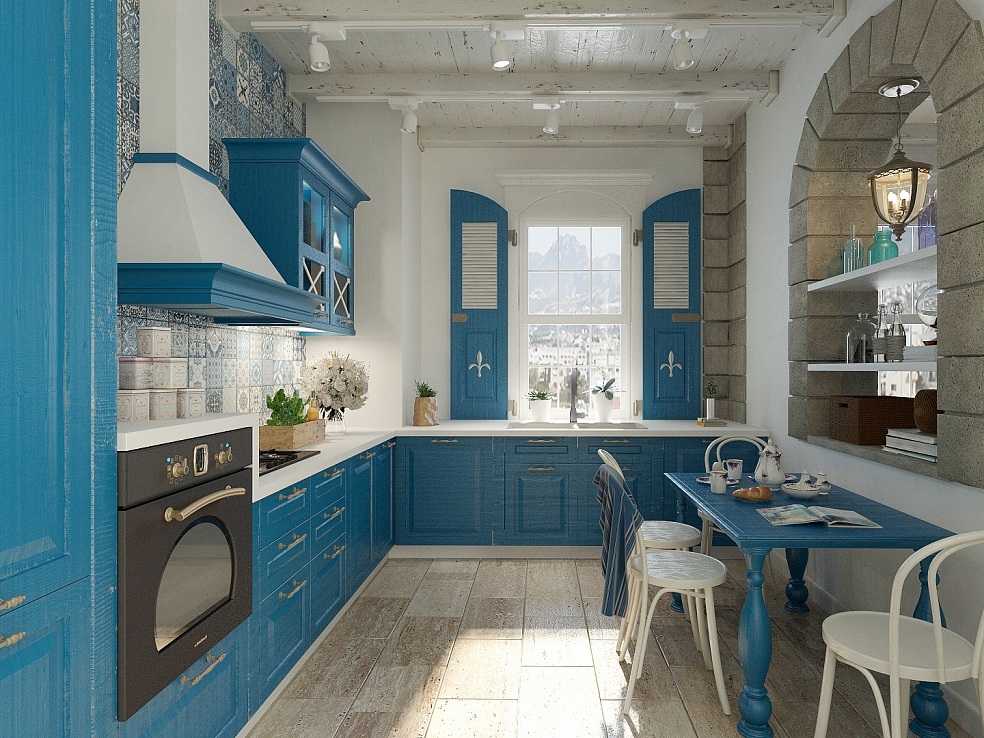 Bleached aok laminated floor and bright blue furniture facades in the spacious Greek styled kitchen with modern rod lighting