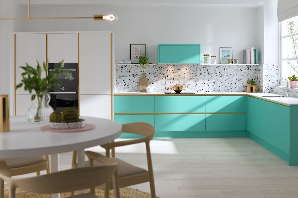Nice mint tint for minimalistic modern kitchen full of natural light