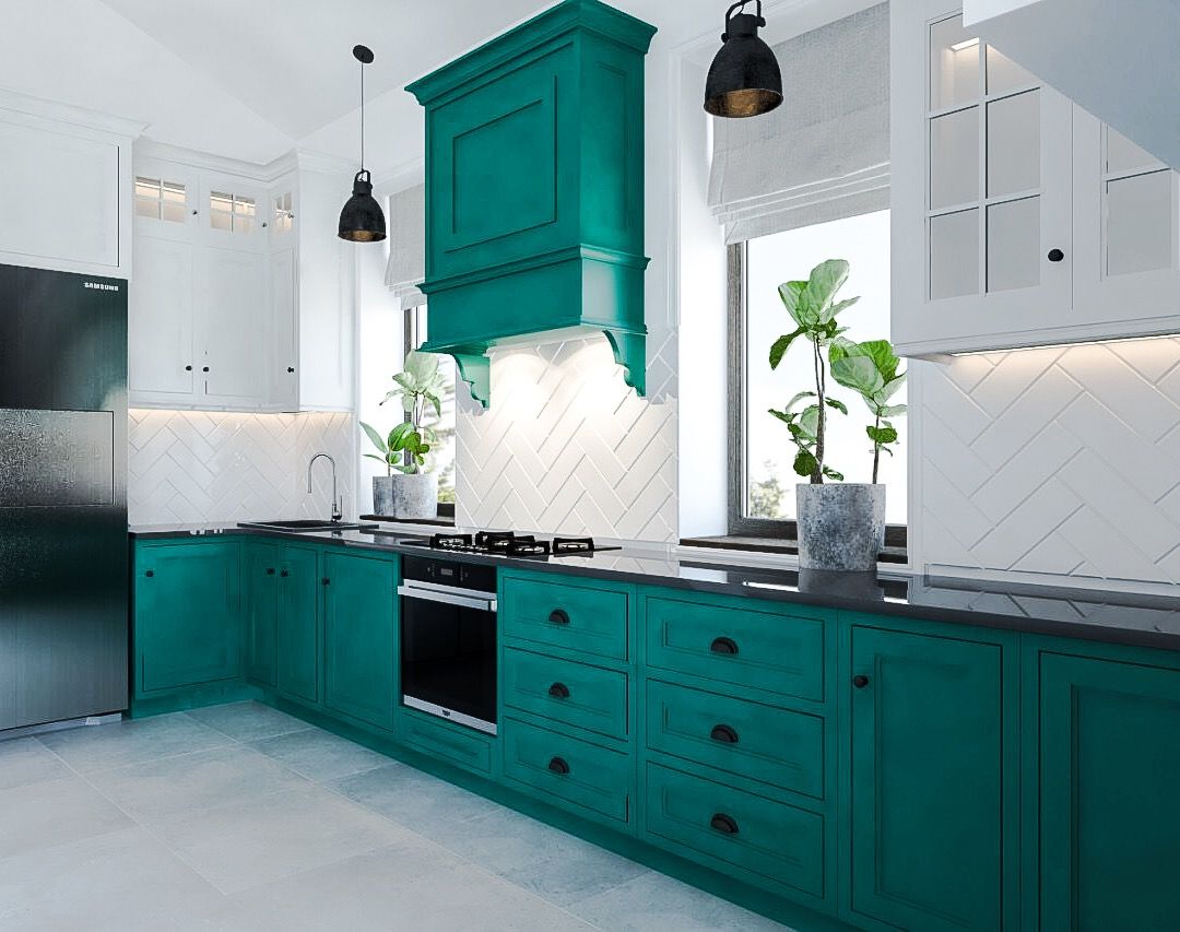 turquoise blue kitchen wall