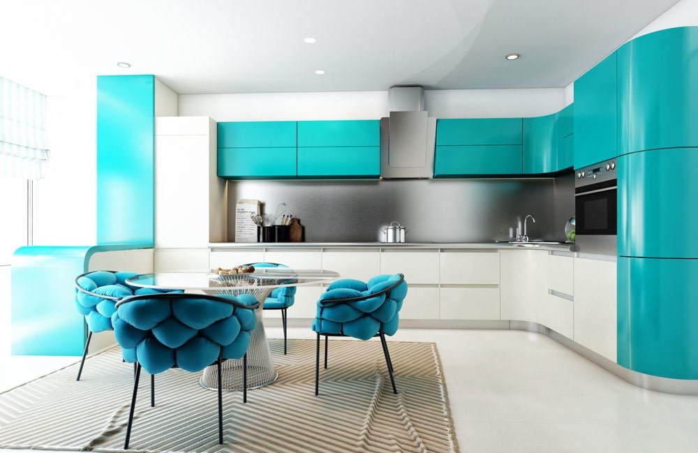 Ultramodern futuristic design for the kitchen with streamlined glossy furniture
