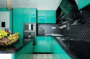 Acid springgreen colored glossy facades and dark backsplash for modern designed kitchen