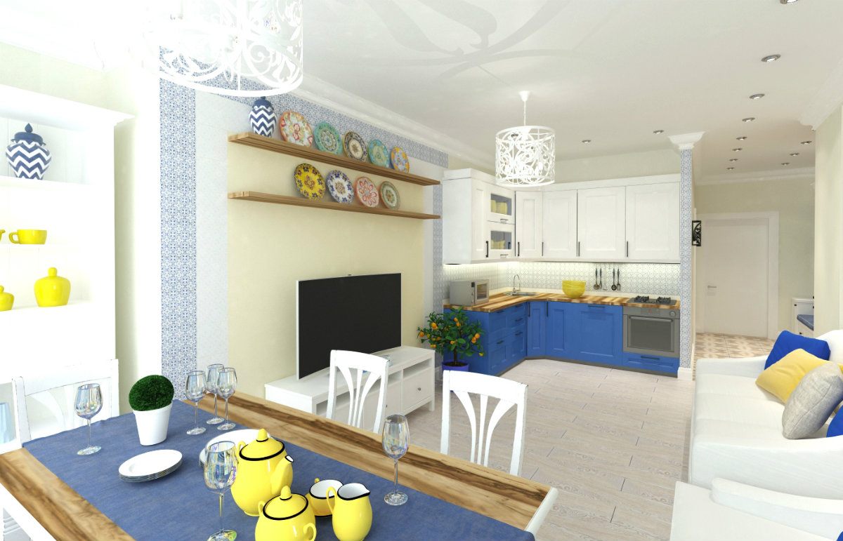 Modern decorated space of the Greek styled kitchen 