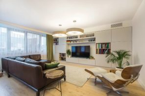 Cool apartment with TV set, a leather brown sofa and soft leather armchair