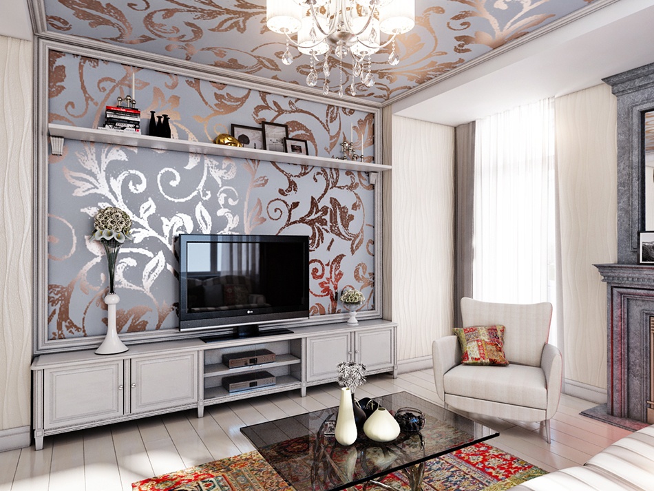 Art Deco Living Room Interior Design Ideas. Nice gilded wallpaper for amazing interior look