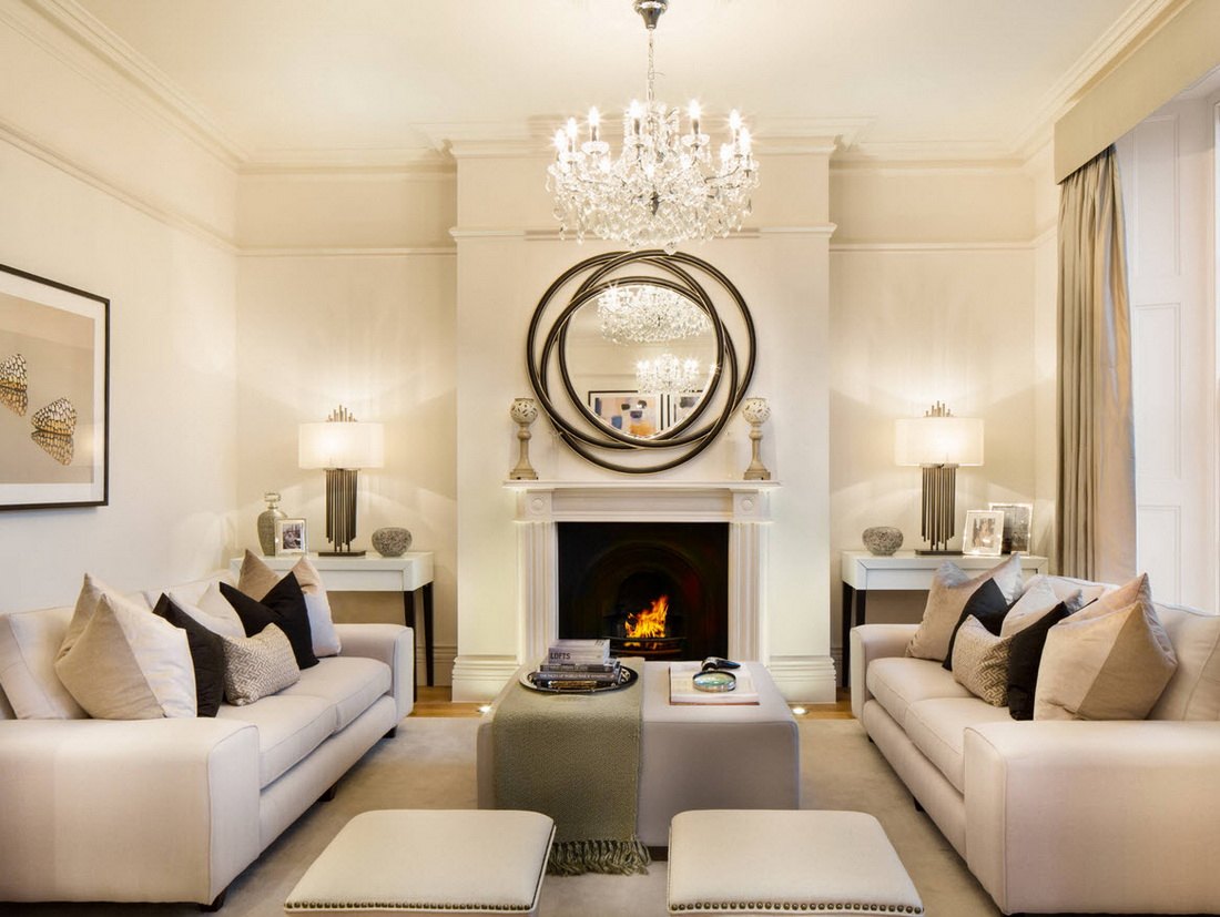 Art Deco Living Room Interior Design Ideas. Nice mirror decoration of the room in pastel colors