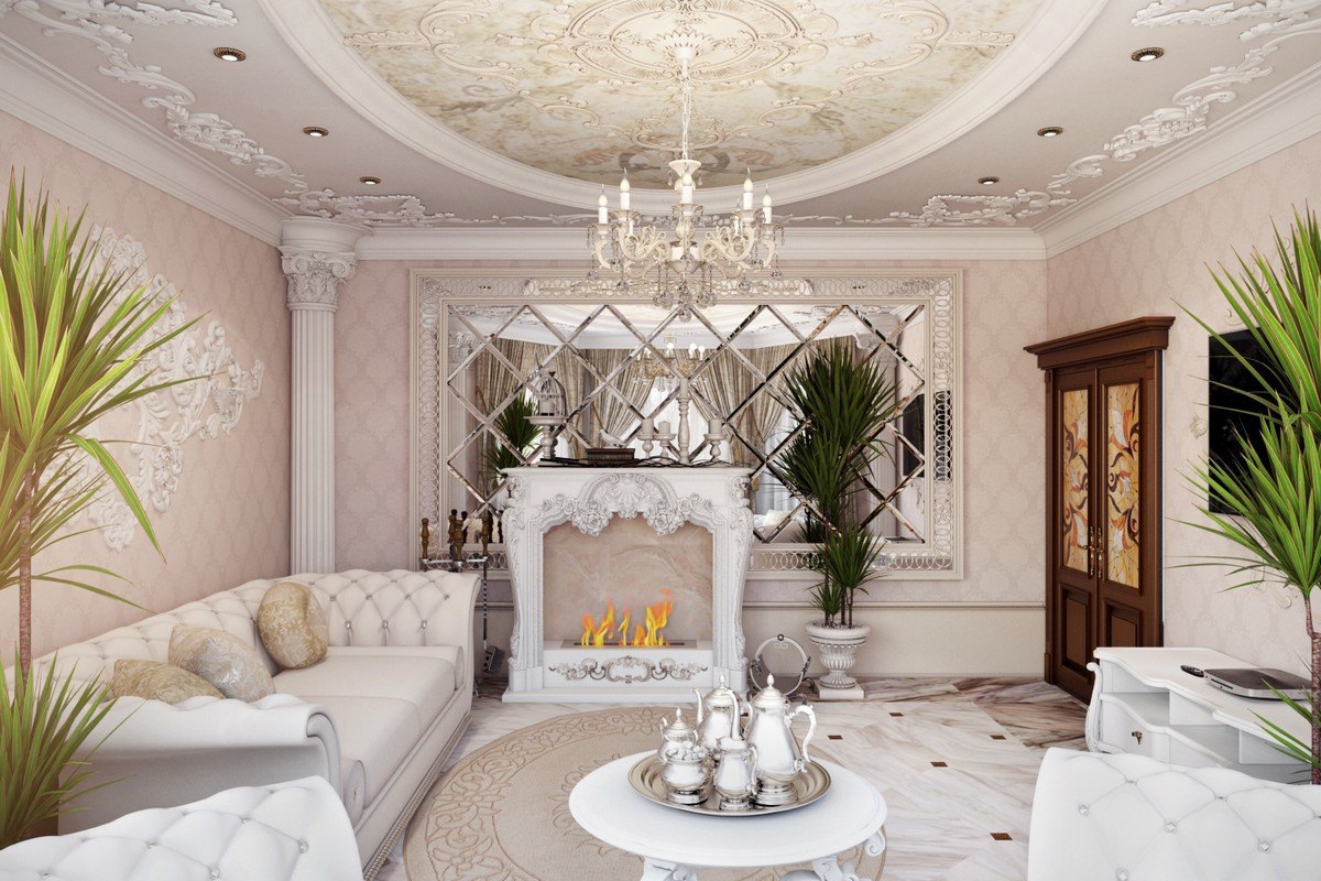 Another view of the pinkish Baroque living with mirrors