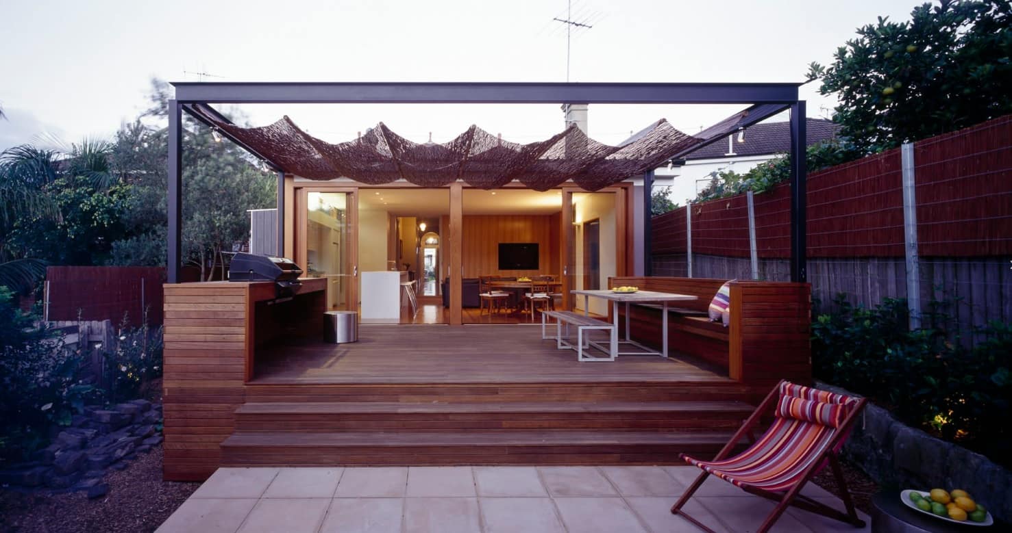 Great idea of cloth awning over the patio zone at the backyard