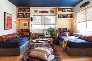 Small apartment with common room for students deisgned in blue