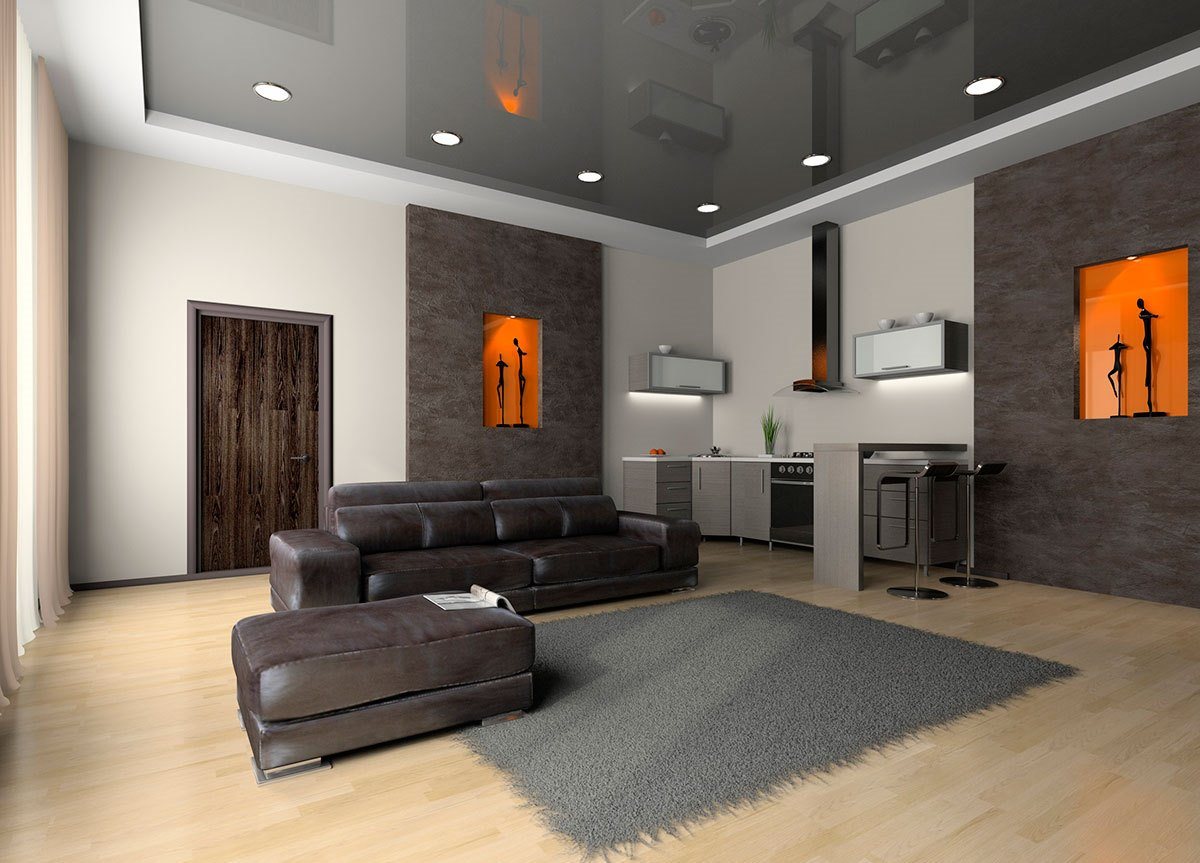 Gray glossy ceiling and corresponding little rug at the floor of the minimalistic designed living room 