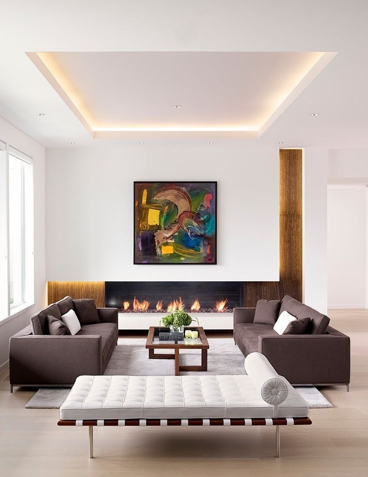 White living room design with backlight ceiling 