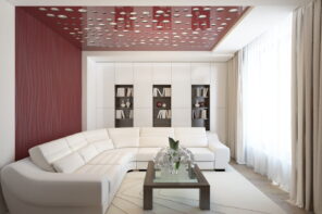 Red wall and ceiling design to revive white idyll of the living room with huge sofa