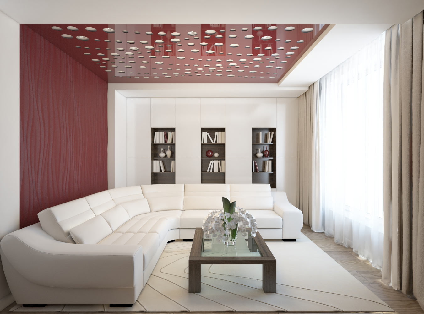 Red wall and ceiling design to revive white idyll of the living room with huge sofa