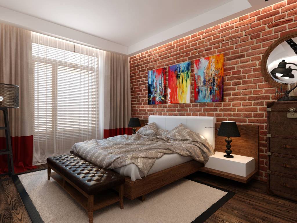 Artistic interior design for casual styled bedroom with colorful picture at the brickwork wall
