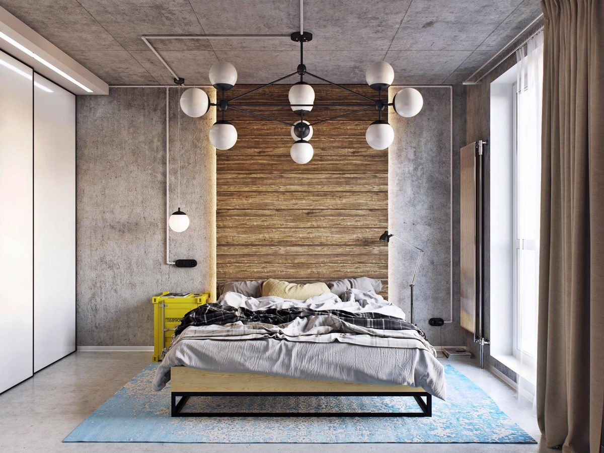 Loft Style Bedroom Best Design Examples with Photos. Brutalist concrete walls, exposed electical wiring