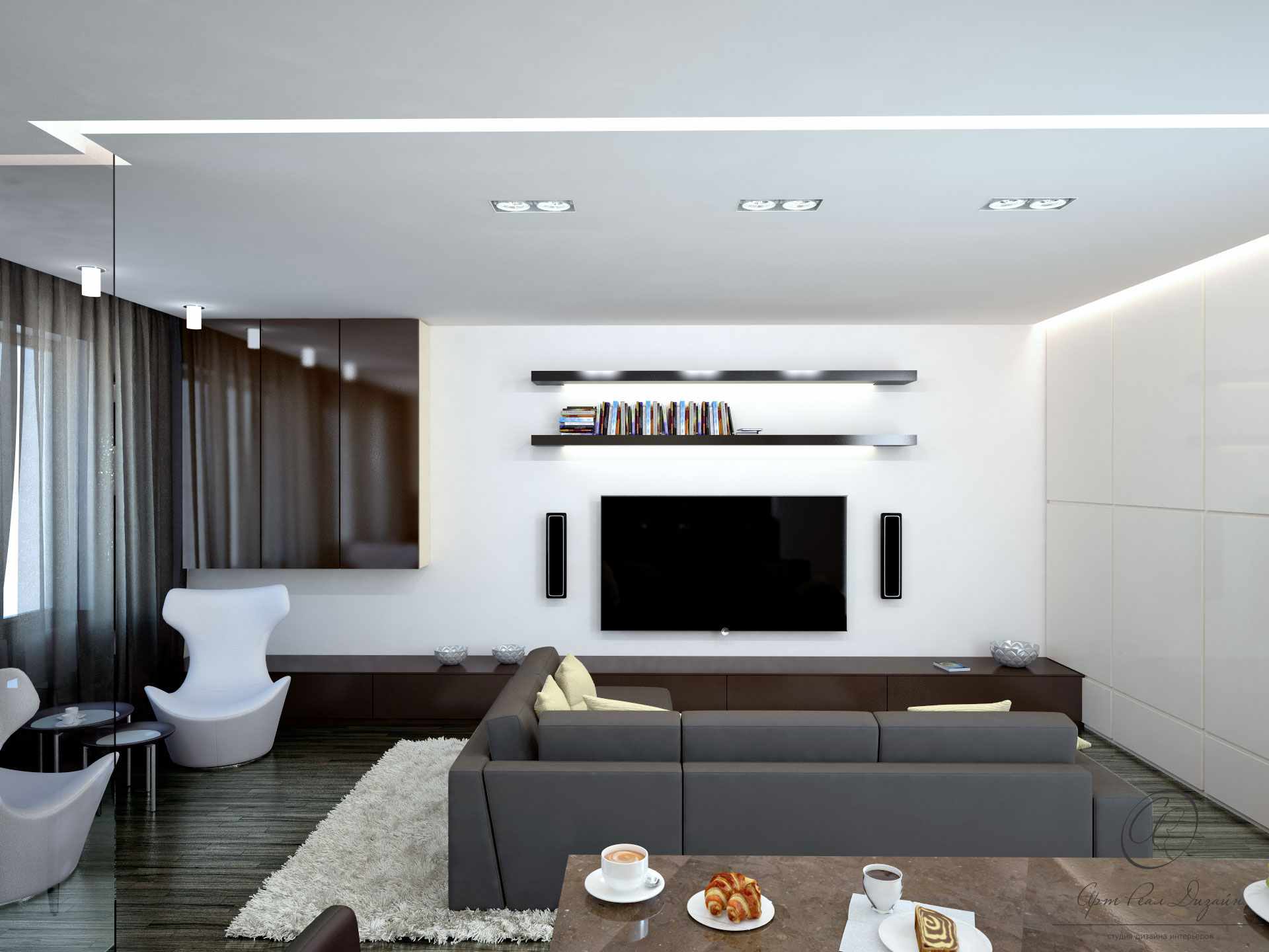 Minimalism for Living Room: Laconic Practical Design. Flat TV and open shelves on the white wall