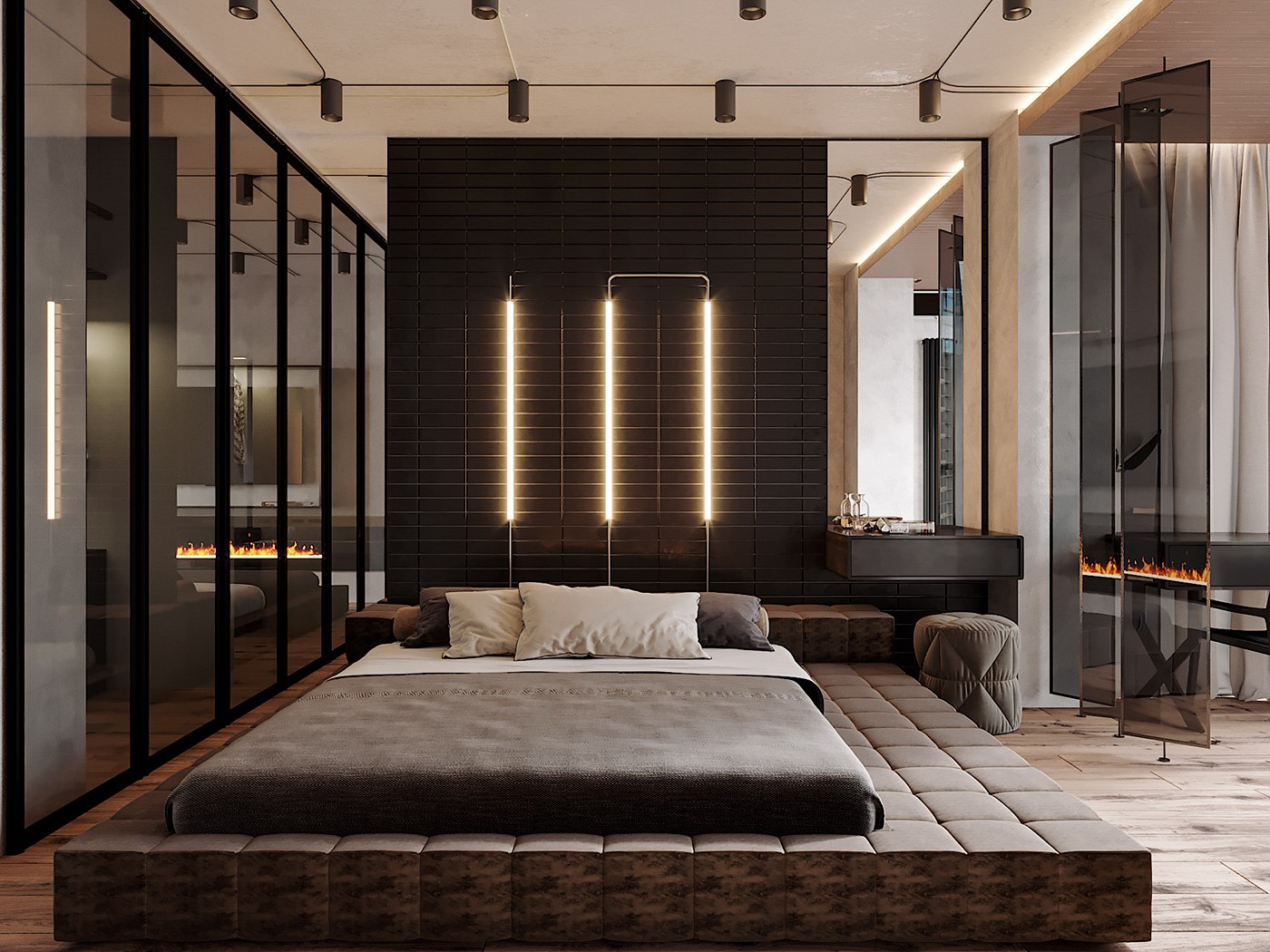 Japanese minimalism for real bedroom with log platform bed, glass wall and dark wooden background