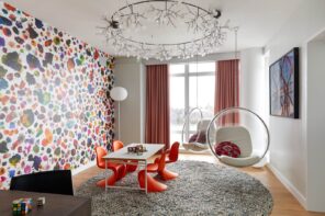 Wallpaper Design Ideas 2020 to Make Interior Elegant. Great idea with orange chairs and colorful impression on the wall