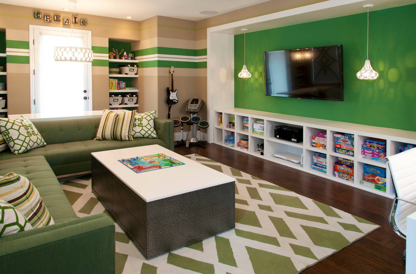 Green accent color to decorate the modern designed living with playground