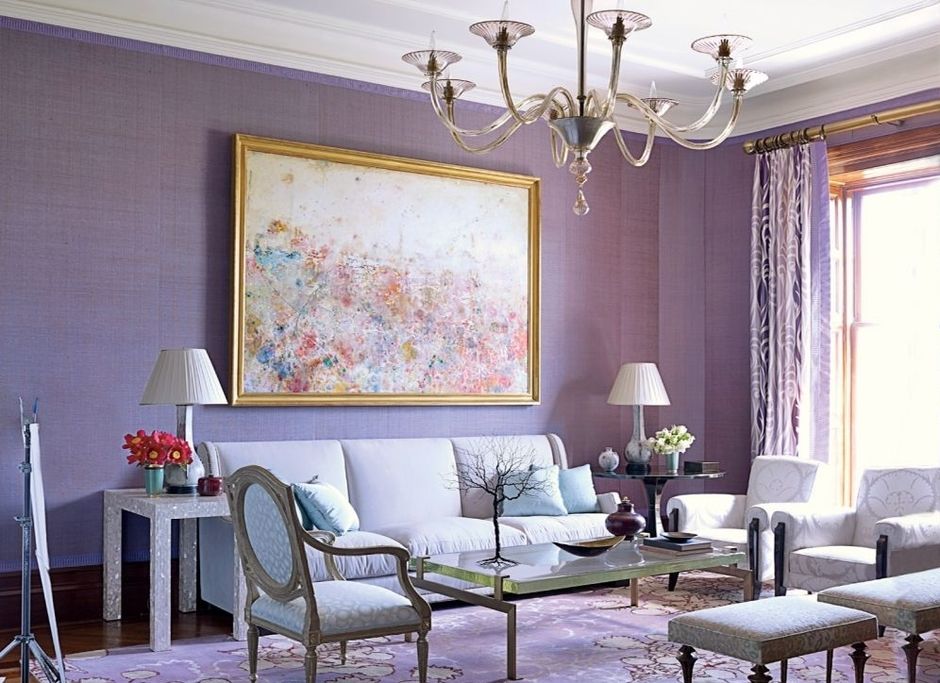Lilac Colored Living Room: Fresh Design Ideas. All-lilac painted walls for classic interior