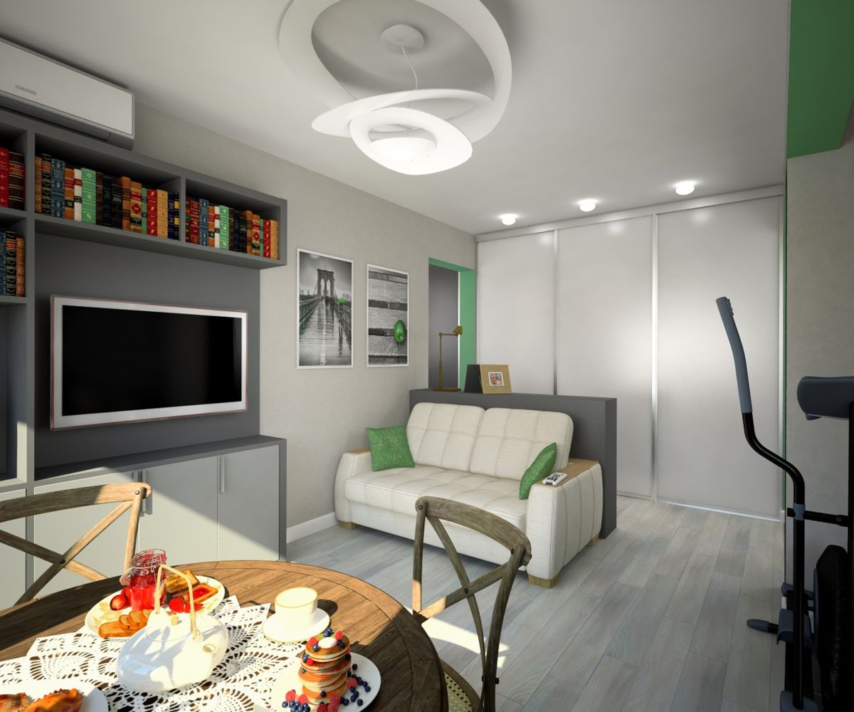 Walk-Through Living Room: Interior Design and Space Zoning. Gray ultramodern interior designed room with dining zone and cosmic chandelier over it