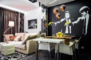 Black Wallpaper: Types, Patterns, Combining with Furniture and More. Photowallpaper with remaked cinema heroes of Pulp Fiction