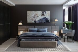 Decorating Ideas for Dark Bedroom Walls. Black accent headboard wall with picture and brown bed with soft headboard