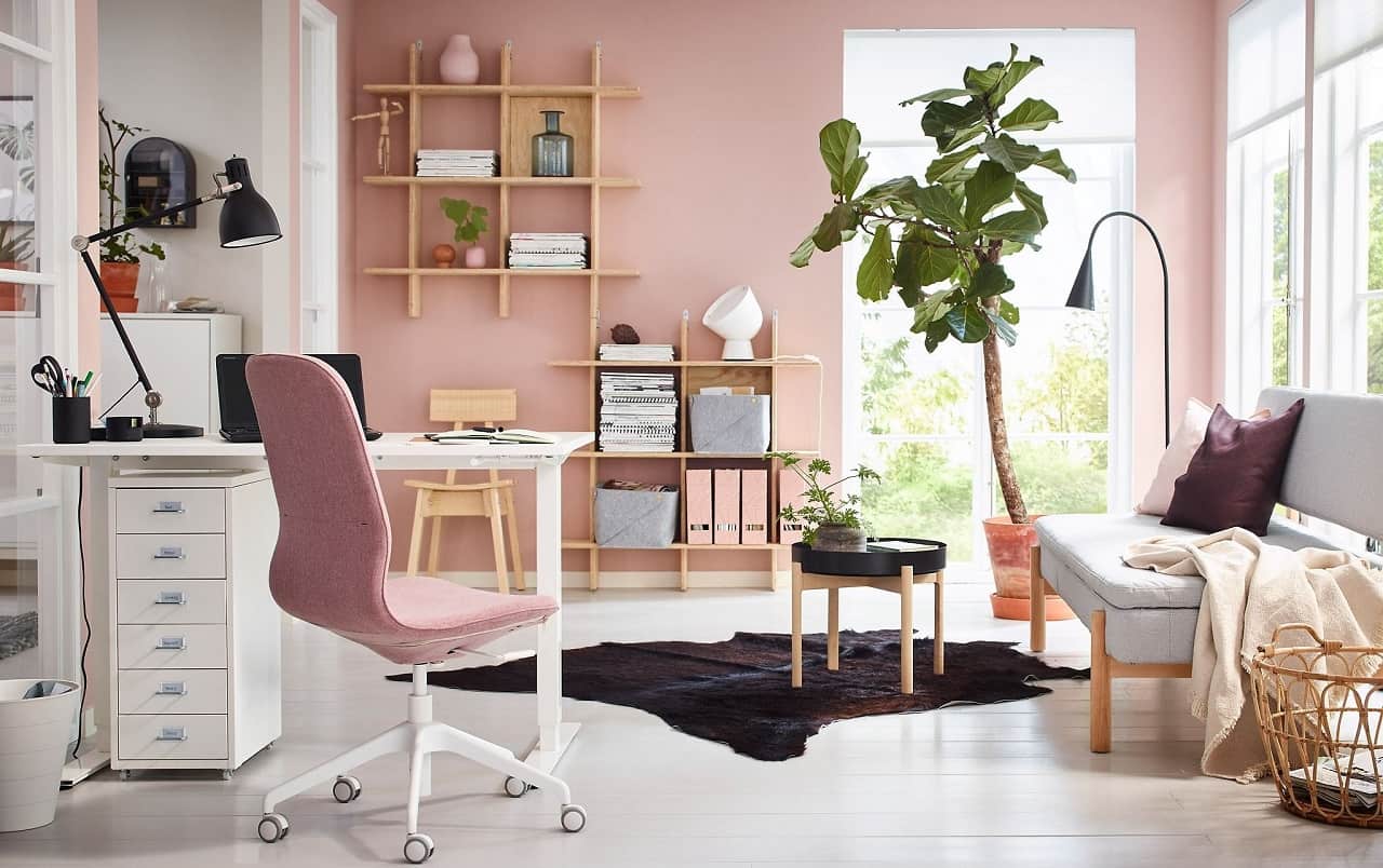 4 Ways to Make Your Home Office More Comfortable. Pink powder walls, large tree and panoramic window