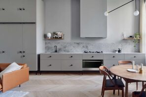 Kitchen Planning 101: The Ultimate Kitchen Remodeling Guidelines. Gray ultramodern design of the kitchen with parquet on the floor