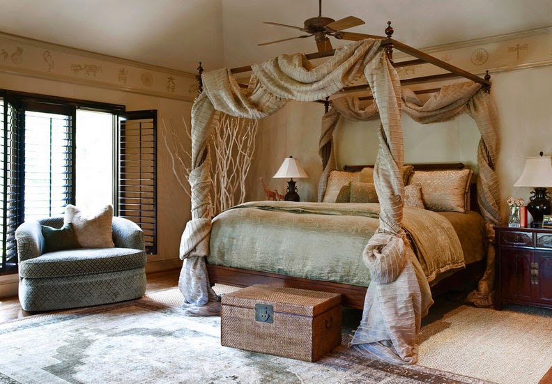 Bed Canopy in the Bedroom Interior Photo Ideas. Thick cloth for the canopy in the country style with beige color scheme
