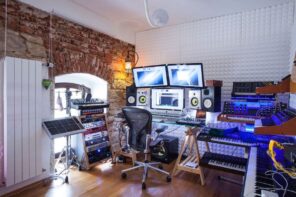 How to Design a Functional Home Music Studio. Light interior with accent brickwork wall and whitewashed texture for casual styled space