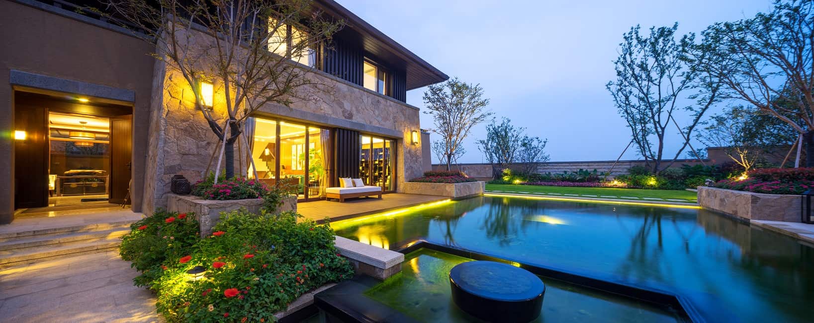 15 Outside Lighting Ideas To Brighten Your Home. Great ultramodern exterior design of the stone cladded house and masterfully arranged area with LED-lighted pool