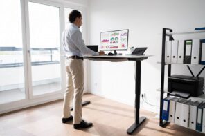 5 Factors To Consider When Choosing A Standing Desk. Working in the minimalistic home office with white walls and light wooden floor