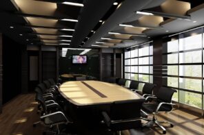 How Interior Design Can Help Your Businessю Big conference hall with dark walls and full of light through panoramic sash windows