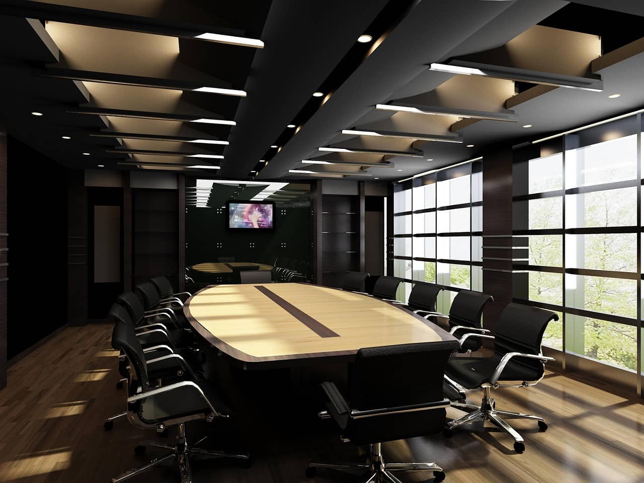 How Interior Design Can Help Your Businessю Big conference hall with dark walls and full of light through panoramic sash windows